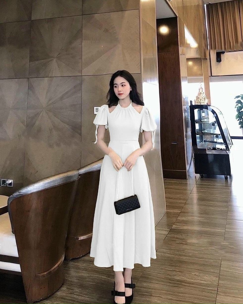 Đầm trắng Midi xốp cổ yếm tay bồng Quần Áo Xưởng May ANN #19 Đầm trắng Midi xốp cổ yếm tay bồng Quần Áo Xưởng May ANN